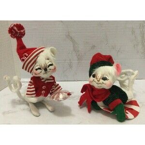 2 Annalee Doll Green Red ELF Candy Cane Posable Glitter Christmas Pixies